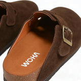 WOKA brown suede clogs with buckle detail and cushioned insole, premium comfort footwear