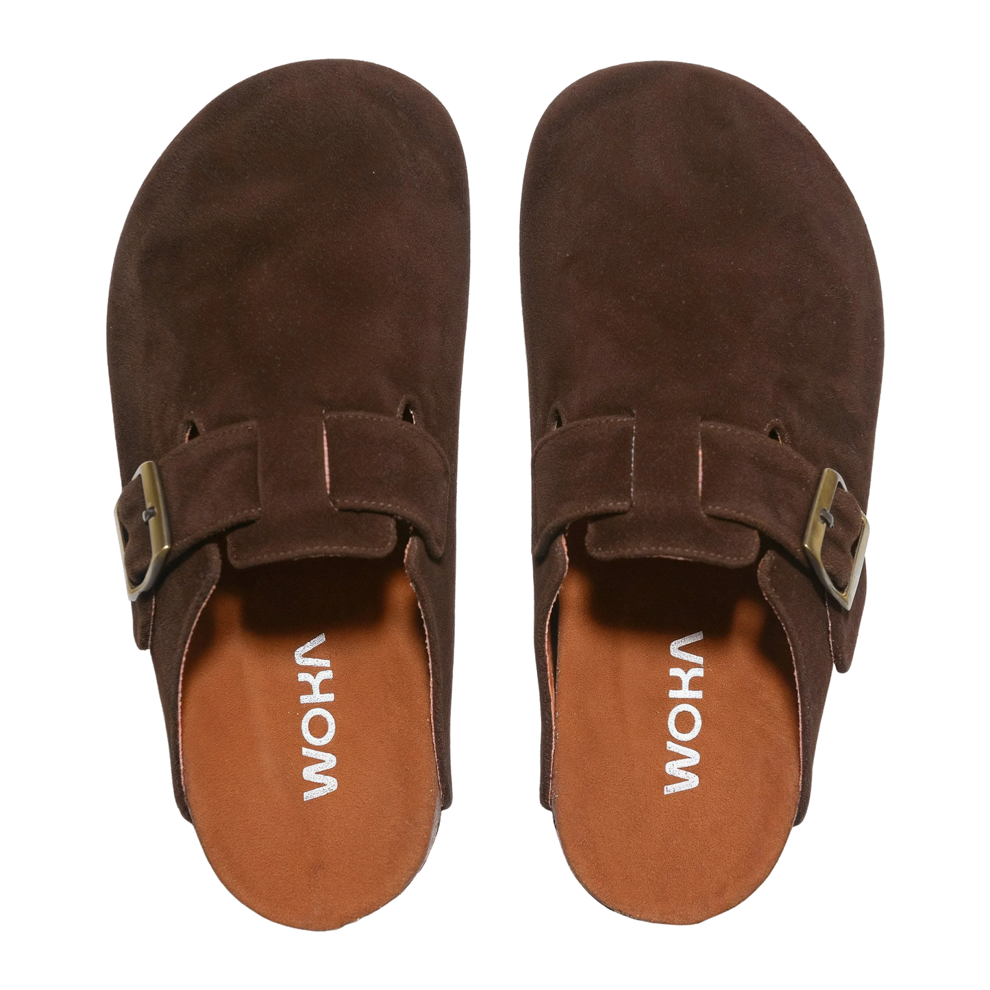 WOKA brown suede clogs with buckles, stylish premium comfort footwear on black background