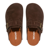 WOKA brown suede clogs with buckles, stylish premium comfort footwear on black background