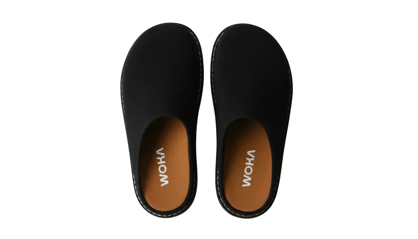 WOKA black premium clogs with brown insoles, comfortable slip-on footwear, top view