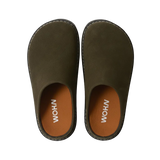 WOKA olive green clogs with brown insoles, premium comfortable footwear on black background