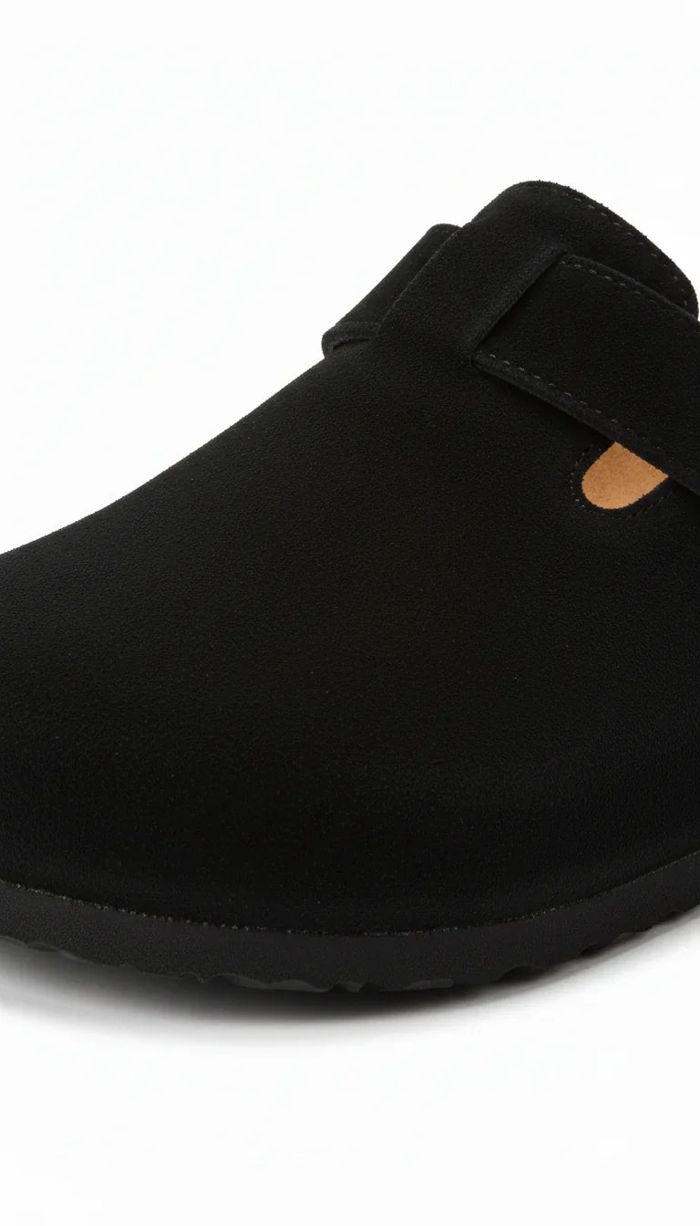 Close-up of black WOKA clog with smooth finish, highlighting quality craftsmanship.