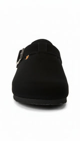 Front view of a black WOKA clog with buckle, premium comfortable footwear on white background.