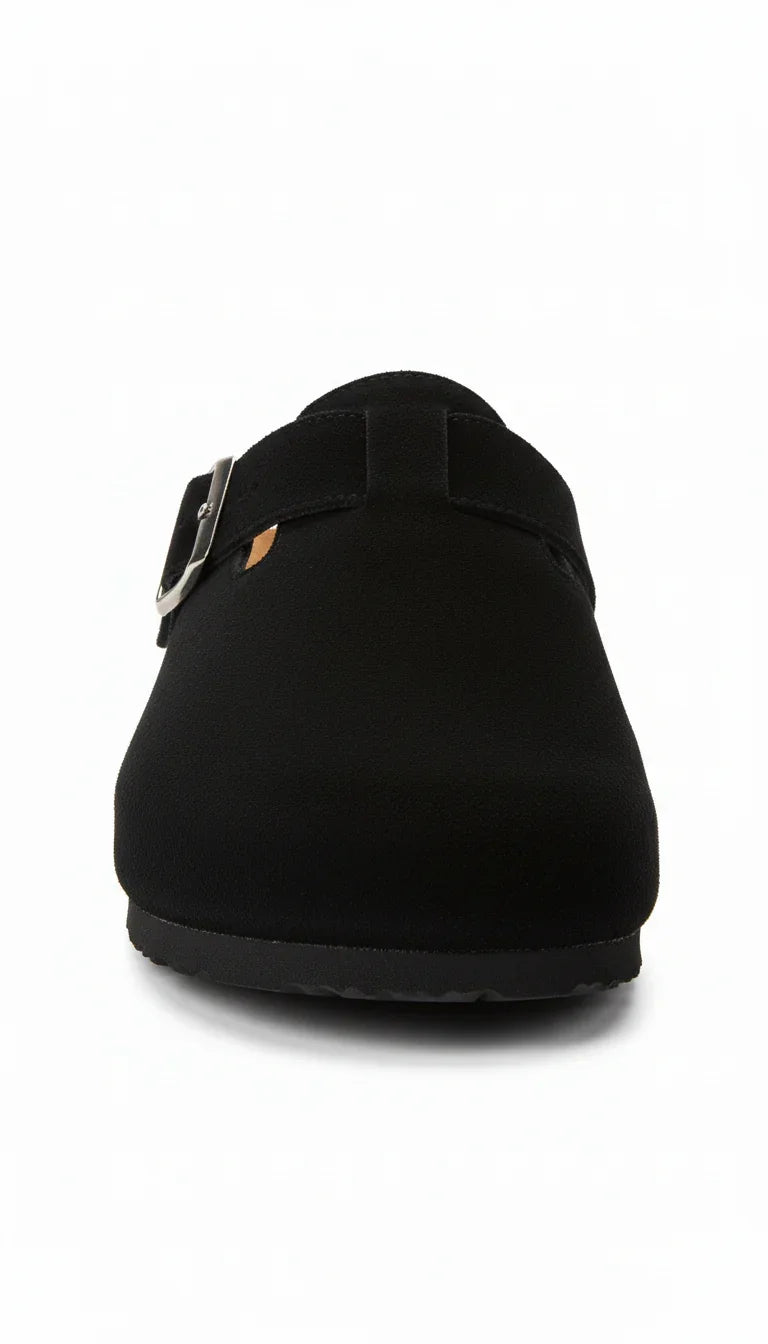 Front view of a black WOKA clog with buckle, premium comfortable footwear on white background.