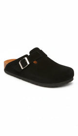 WOKA black suede slip-on clog with buckle, stylish comfortable footwear on white background