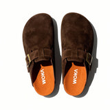 WOKA brown suede clogs with buckles, premium comfortable footwear on white background