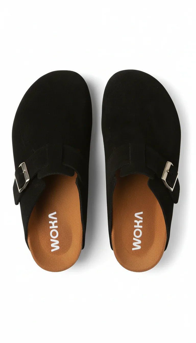 Top view of black WOKA clogs with buckles, premium comfortable footwear on white background